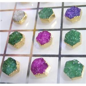 druzy quartz earring studs, hexagon, mix color, gold plated, approx 12mm dia