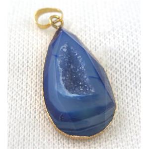 blue agate druzy pendant, faceted teardrop, gold plated, approx 20-35mm