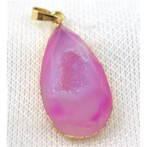 pink agate druzy pendant, faceted teardrop, gold plated, approx 20-35mm