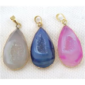 agate druzy pendant, mix color, faceted teardrop, gold plated, approx 20-35mm