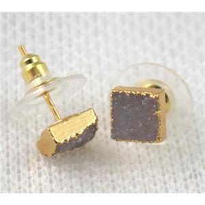 druzy agate earring natural color, square, gold plated, approx 7x7mm