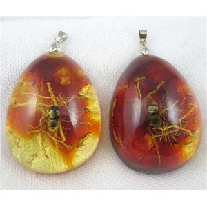 Amber teardrop pendant with bee, orange, NR, approx 40-60mm