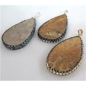 Coral Fossil teardrop pendant paved foil, yellow, approx 25-55mm