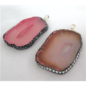 pink agate druzy geode slice pendant paved foil, rhinestone, freeform, approx 25-50mm