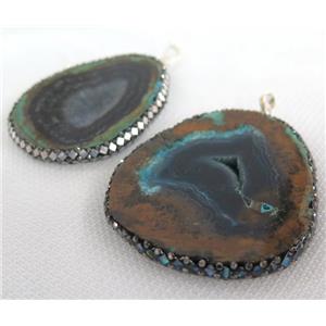 Opal Jasper slice pendant paved foil, rhinestone, freeform, approx 30-60mm