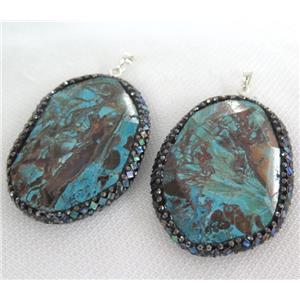 Ocean Jasper pendant Pave Abalone Shell Foil, rhinestone, faceted freeform, blue, approx 25-60mm