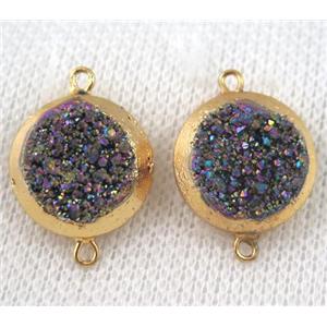 rainbow druzy quartz connector, flat round, gold plated, approx 16mm dia
