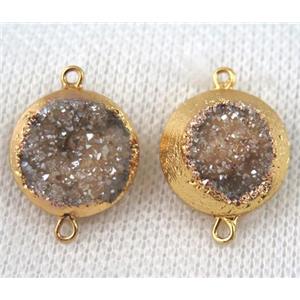 champagne druzy quartz connector, flat round, gold plated, approx 16mm dia