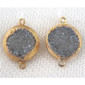 blue-gray druzy quartz connector, flat round, gold plated, approx 16mm dia