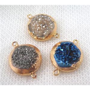 druzy quartz connector, mix color, flat round, gold plated, approx 16mm dia