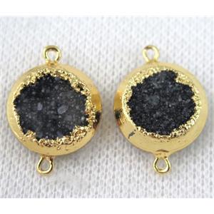 black druzy quartz connector, flat round, gold plated, approx 16mm dia