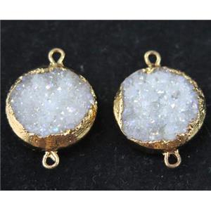 white AB-color druzy quartz connector, flat round, gold plated, approx 16mm dia