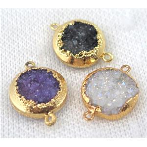 mixed druzy quartz connector, flat round, gold plated, approx 16mm dia
