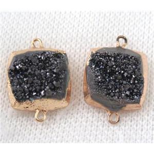 black druzy quartz connector, square, gold plated, approx 16x16mm