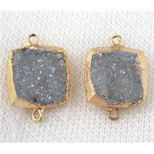 light blue-gray druzy quartz connector, square, gold plated, approx 16x16mm