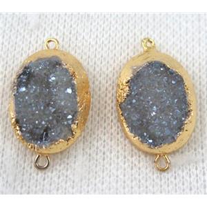 light blue-gray druzy quartz connector, oval, gold plated, approx 15x20mm