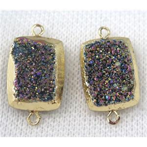 rainbow druzy quartz connector, rectangle, gold plated, approx 15x20mm