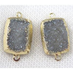 light blue-gray druzy quartz connector, rectangle, gold plated, approx 15x20mm