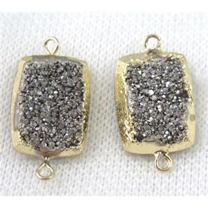 silver druzy quartz connector, rectangle, gold plated, approx 15x20mm