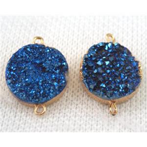 blue druzy quartz connector, flat round, gold plated, approx 16mm dia