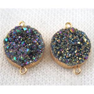 rainbow druzy quartz connector, flat round, gold plated, approx 16mm dia