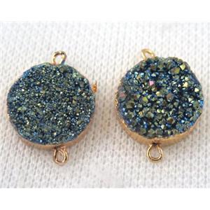 green druzy quartz connector, flat round, gold plated, approx 16mm dia