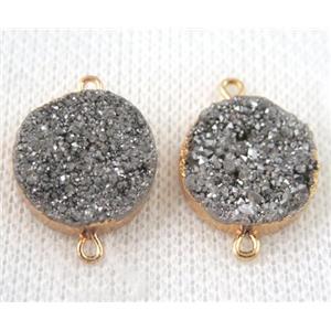 silver druzy quartz connector, flat round, gold plated, approx 16mm dia