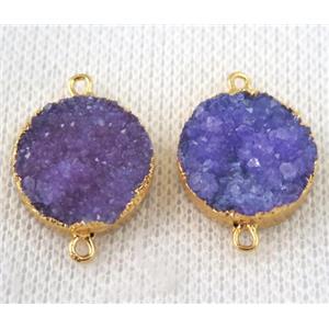 purple druzy quartz connector, flat round, gold plated, approx 16mm dia