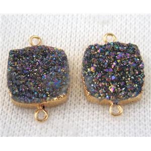 rainbow druzy quartz connector, square, gold plated, approx 16x16mm