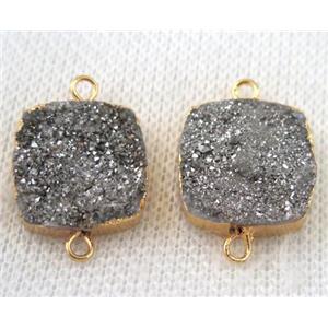 silver druzy quartz connector, square, gold plated, approx 16x16mm