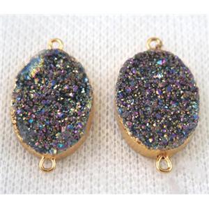 rainbow druzy quartz connector, oval, gold plated, approx 15x20mm
