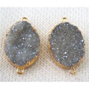 light blue-gray druzy quartz connector, oval, gold plated, approx 15x20mm