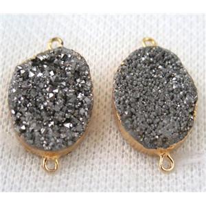 silver druzy quartz connector, oval, gold plated, approx 15x20mm
