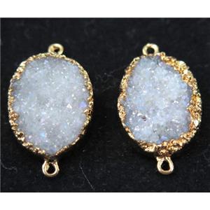 white AB-color druzy quartz connector, oval, gold plated, approx 15x20mm