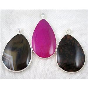 agate pendant, mix color, teardrop, silver plated, approx 30-50mm