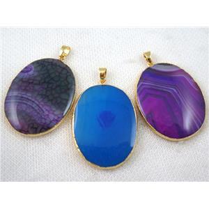 agate oval pendant, mix color, goldplated, approx 30-50mm