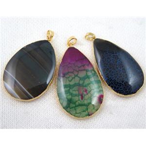 mixed agate pendant, teardrop, gold plated, approx 30-50mm
