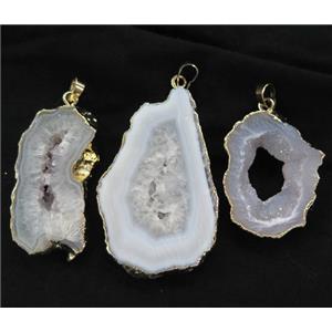 white agate druzy geode slice pendant, freeform, gold plated, approx 15-50mm