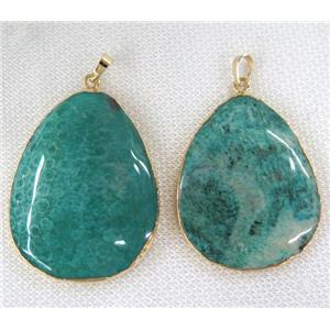 green coral fossil teardrop pendant, dye, gold plated, approx 20-50mm