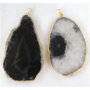 black agate druzy slice pendant, flat freeform, gold plated, approx 30-70mm