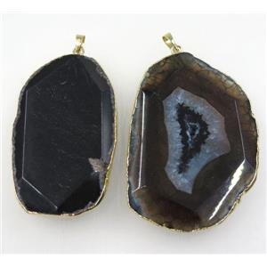 black agate druzy slice pendant, faceted freeform, gold plated, approx 30-70mm