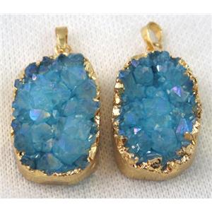 blue druzy quartz pendant, AB color, freeform, gold plated, approx 20-35mm