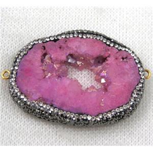 druzy agate slice connector paved rhinestone, freeform, hotpink AB-color, approx 30-55mm