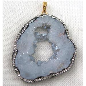 druzy agate slice pendant paved rhinestone, freeform, blue-gray plated, approx 30-60mm