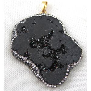 druzy agate slice pendant paved rhinestone, freeform, black plated, approx 30-60mm