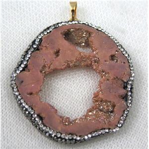 druzy agate slice pendant paved rhinestone, freeform, pink plated, approx 30-60mm