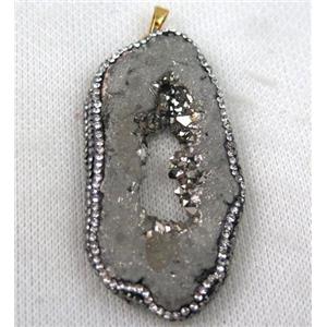 druzy agate slice pendant paved rhinestone, freeform, silver plated, approx 30-60mm