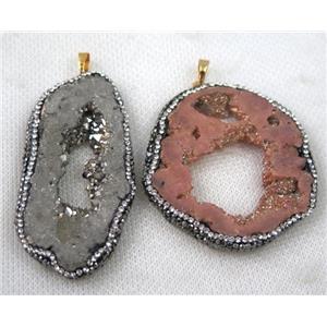 druzy agate slice pendant paved rhinestone, mix color, freeform, approx 30-60mm