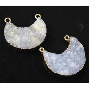 white druzy quartz pendant with 2loops, crescent moon, gold plated, approx 20-32mm