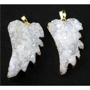 white druzy quartz pendant, angel wing, gold plated, approx 25-40mm